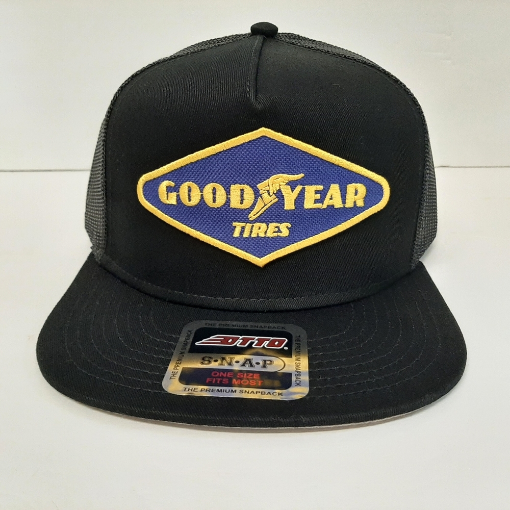 Otto Flat Bill Trucker Mesh Snapback Good Year Patch Hat Cap Black